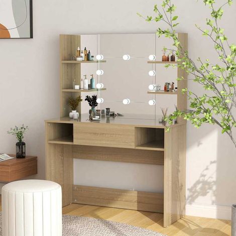 vidaXL Table de maquillage avec éclairage LED 100x40x135 cm MDF Chêne (1/5)