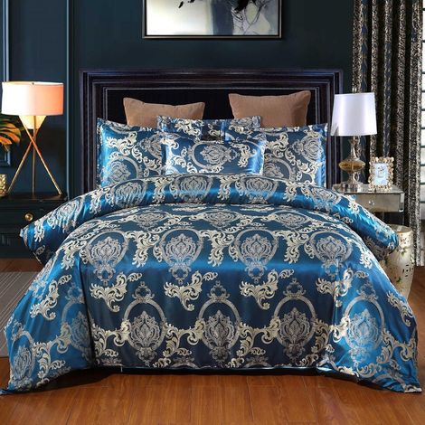 Satin Bettwäsche Set 220x240 cm Blau mit Stickerei, 3-teilig