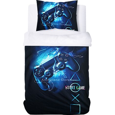 Housse de Couette pour Enfant Garçon Imprimée Gamer Parure de Lit Enfant 140x200cm Bleu et Noir, 1 Taie d'Oreiller 50x75 cm