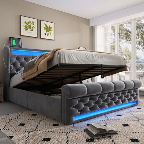 Lit coffre 160x200cm, avec lumière LED, ports USB et Type-C, tissu velours gris (sans matelas) (1/5)