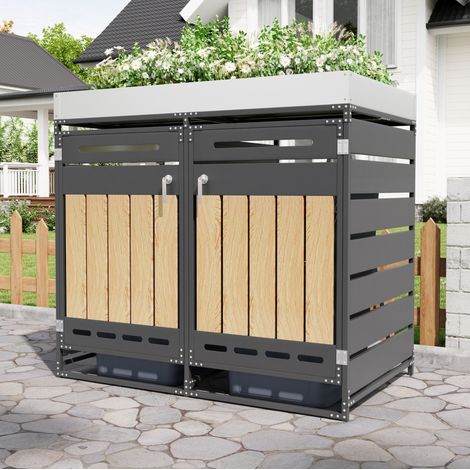 Cache-poubelles double 131x79x120 cm en fer noir avec bac à plantes, gain de place – MEUBLIV (1/5)