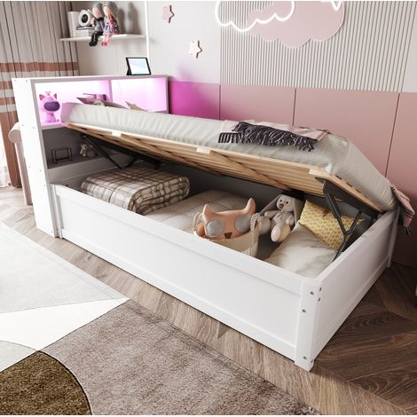 Lit coffre 90x200 avec LED et prises, bois blanc HAVRYA (1/5)