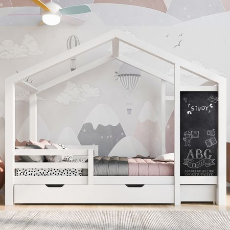 Lit enfant cabane en bois massif blanc 90x200 cm avec tableau, 2 tiroirs et sommier à lattes inclus (1/5)