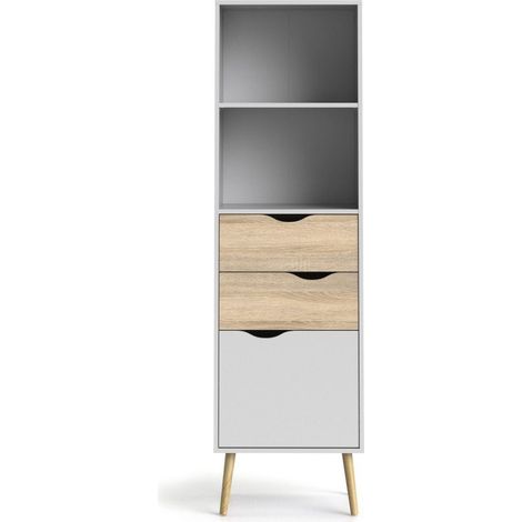 CALICOSY - Etagère 2 tiroirs, 1 porte blanc et décor chêne H171,3 cm - BILLUND (1/5)