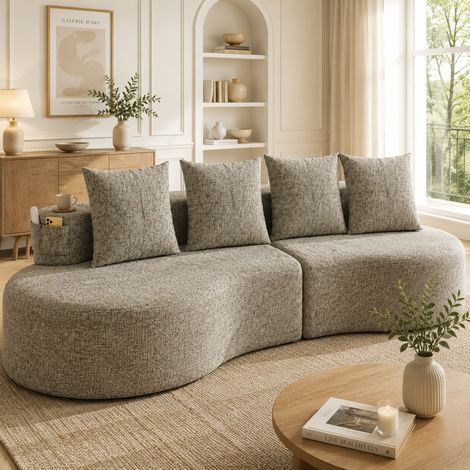 Sofa mit Becherhalter und Seitentaschen Leinen Khaki OKMYHOME (1/5)