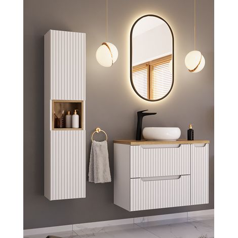 Badmöbel Set 3-teilig mit 80cm Waschtisch, weiß und Eiche, NEWPORT-56-WHITE (1/5)