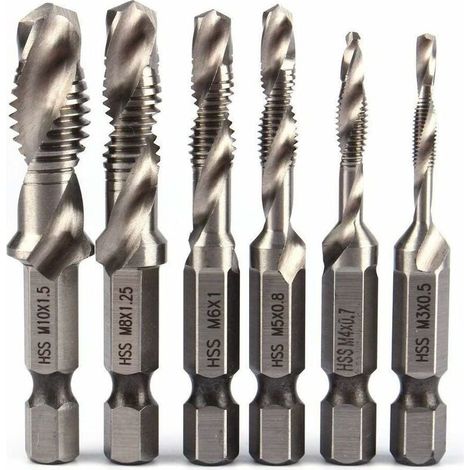6pcs HSS Jeu de Foret Mèche à 1/4" Tige Hexagonale Set Robinet de Foreuse de Combinaison HSS Bit M3-M10 Filetage Métrique Drill Pour Bois fer Aluminium Argent (1/5)