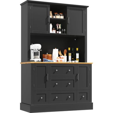Vitrina de Cocina Alta con 3 Cajones y LED, Diseño Moderno, para Cocina o Salón, en MDF, Negro y Natural, 115x40x180 cm (1/5)