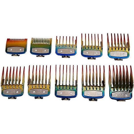 Lot de 10 guides de coupe en métal professionnels pour tondeuses à cheveux, peignes de guidage et protections. (1/4)