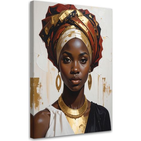 Tableau déco Portrait d'une femme dans un style ethnique africain avec des accents dorés et un turban 40x60