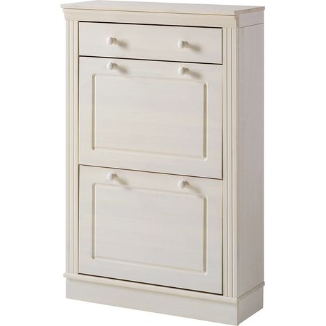 Coffre à chaussures en pin blanc – 2 portes battantes – 1 tiroir – Style classique – Rangement optimal pour chaussures (1/5)