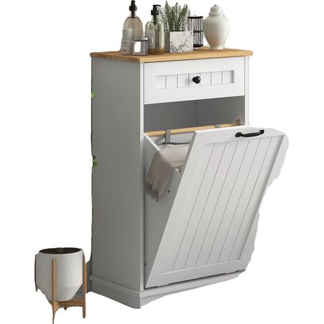 Mueble auxiliar de baño, material MDF, dimensiones 52 x 33 x 90 cm, cesta interior 43,5 x 28 x 48 cm, dimensiones del cajón 41,8 x 26 x 8,5 cm, requiere montaje. (1/5)