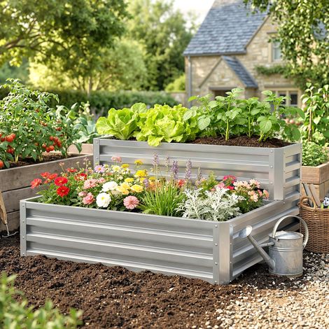 Jardinera Exterior de Acero Galvanizado con Diseño de Escalera Base Abierta para Cultivos Plantas 120x101x58 cm Plata