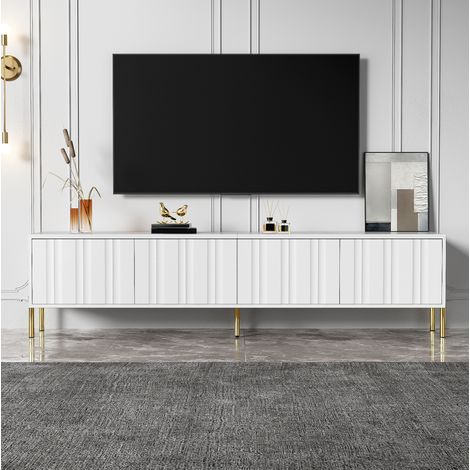 TV Schrank (190x38x48 cm), großer Stauraum, gerillte Türen, goldene Beine, MDF und Spanplatte, Weiß (1/5)