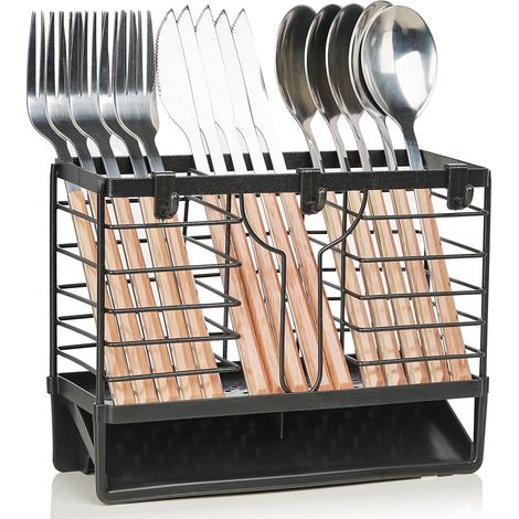 Besteck-Abtropfgestell, Edelstahl-Besteck-Abtropfgestell mit 3 Fächern und automatischer Abtropfschale für Küchenspüle, Besteck-Abtropfgestell, Gabeln, Messer, Löffel, Essstäbchen-Organizer (1/5)