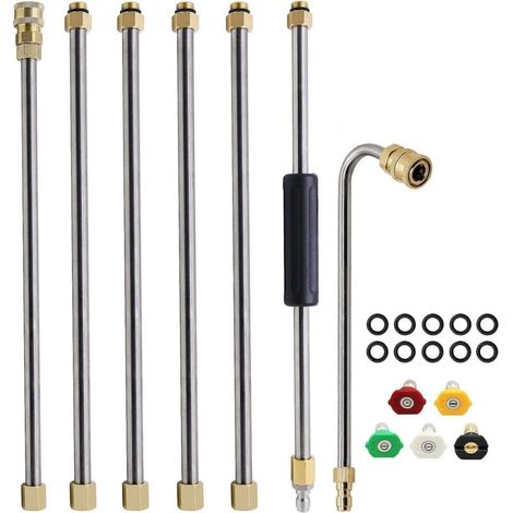 Lot de 7 Ensemble de baguette d'extension pour nettoyeur haute pression, lance pour nettoyeur haute pression, outil de nettoyage de gouttière, avec 5 embouts de buse (Argent) (1/5)