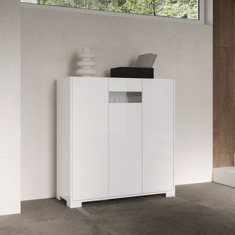 Credenza a 3 ante ROJAS Bianco Lucido con inserto in vetro Fume' 103x110 cm (1/3)