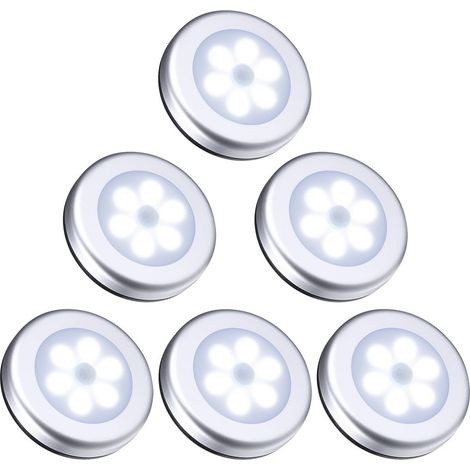 Bewegungsmelderleuchte, Schrankleuchte, 6-LED-Nachtlicht, automatische Fensterleuchte mit eingebautem Magneten, batteriebetrieben für Treppen, Küche, Kleiderschrank - Silber [Energieklasse A+]