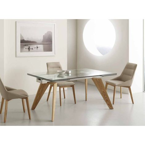 Table de repas extensible 160-240cm plateau en verre et piétement bois massif de frêne naturel Karone (1/4)