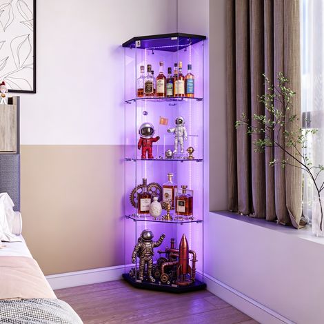 JOOKGBD-Eckvitrine Glasvitrine mit LED-Lichtband,Vitrinenschrank aus Glas und Holz,1 Tür 4 Einlegeböden, abschließbar mit LED-Lichtband,Standvitrine für Sammlerstücke Wohnzimmer,Schwarz