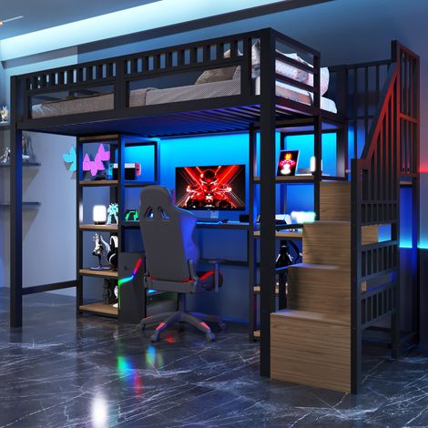 Lit Mezzanine en Métal 90x200 cm avec Bureau Intégré, Échelle Rangement, Étagères Stockage, Bande LED par App et Port USB - Noir