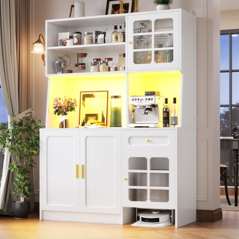 Vaisselier haut avec portes en verre et led, blanc, en MDF, 130 x 45 x 180 cm (1/5)