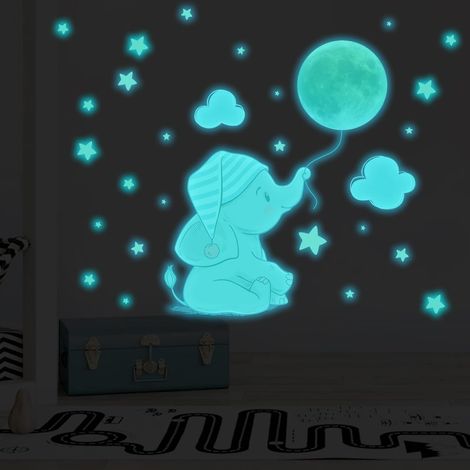 Stickers Muraux Éléphant Lumineux Autocollant Mural Lune Étoile Fluorescent Phosphorescentes Stickers Mural Amovible Bébé Garcon Fille Autocollant Mural pour Chambre Pépinière Mur Décor