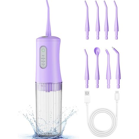 Hydropulseur dentaire sans fil, irrigateur dentaire électrique avec 4 modes de nettoyage et 8 embouts de pulvérisation, étanche IPX7, portable et rechargeable pour la maison et les voyages, violet (1/5)