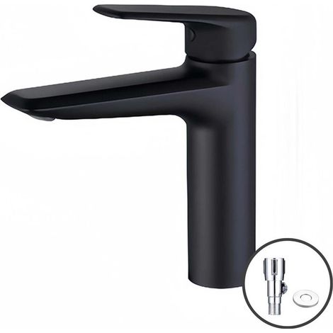 AMXCNOY Robinet mitigeur lavabo noir mat en laiton, cartouche céramique, modèle bas avec flexibles 80cm et paire de vannes d'angle (1/5)