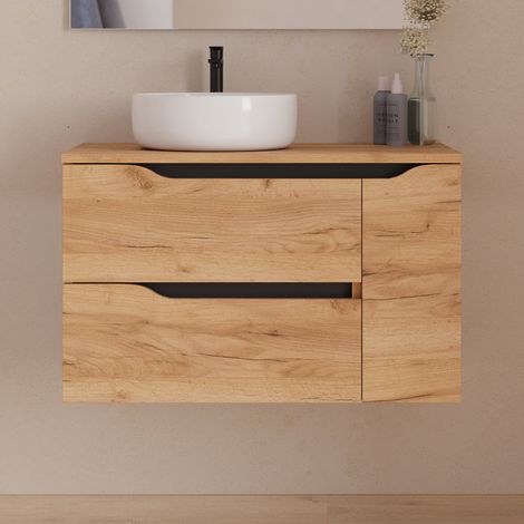 Meuble de salle de bain 80cm avec plateau et vasque à poser déportée à gauche Ares - sans miroir - 2 tiroirs et un placard - roble (chêne clair) - ZARZA