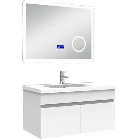 Acezanble – Ensemble meuble salle de bain 80 cm – Lavabo céramique suspendu – Miroir Bluetooth avec lumière LED dimmable – MDF anti-déformation