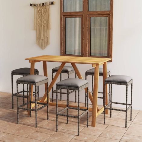 Ensemble Table de bar + 6 Chaises de bar de jardin avec coussins - Table Haute avec 6 Tabourets Gris BV504526 - BonneVie (1/5)