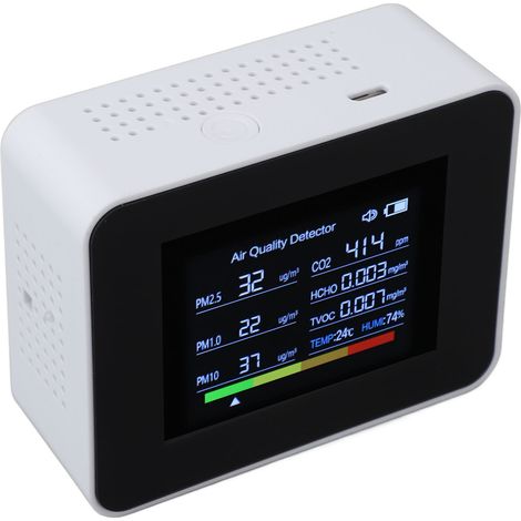 Appareil de mesure de la qualité de l'air intérieur 8 en 1 : détecteur de CO2, capteur NDIR, détection des PM2.5, PM10, PM1.0, HCHO, COVT, température et humidité, avec alarme, blanc. (1/5)