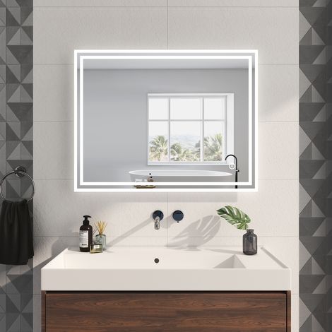 EMKE Miroir lumineux de salle de bain 90x70cm, Miroir de salle de bain avec Interrupteur Tactile, Anti-buée, Dimmable, Miroir LED avec Lumière Blanche Froide (1/5)