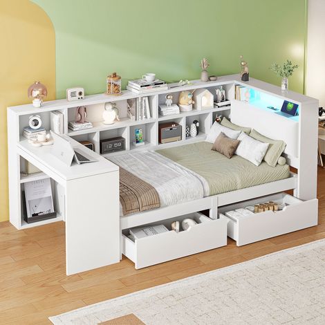 Lit 90x200 cm blanc avec bureau, bibliothèque, 2 tiroirs, éclairage LED et prises USB