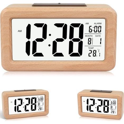 Digitaler Wecker aus Holz mit großem Display, Sensoren, Temperatur- und Datumsanzeige, einstellbarem Nachtlicht und Schlummerfunktion, geräuschlosem Ticken für Schlafzimmer und Büro (1/5)