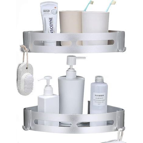 Bathroom Corner Shelves Shower Caddy Corner with Hooks No Drilling Alunimun Bathroom Shelf Kitchen Storage Organizer (Silver)