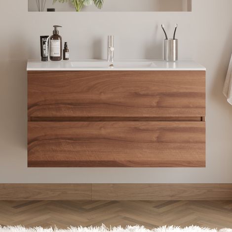 Meuble de salle de bain 100cm simple vasque - 2 tiroirs - sans miroir - noyer (bois foncé) - IDA (1/4)
