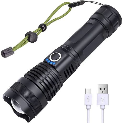 Lampe de Poche LED Super Lumineuse 5000 lumens,USB Rechargeable 5 Modes Tactique Haute Puissance Torche Zoom avec Indicateur D'alimentation pour Camping,Randonnée,Activités de Plein Air (1/5)