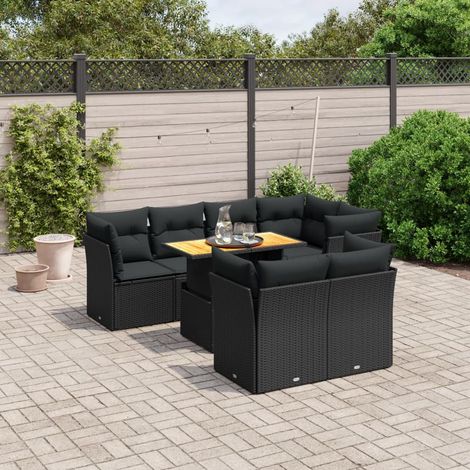 Ensemble Salon Jardin 8 Places Résine Tressée Noir avec Table Réglable et Coussins Confort (1/3)