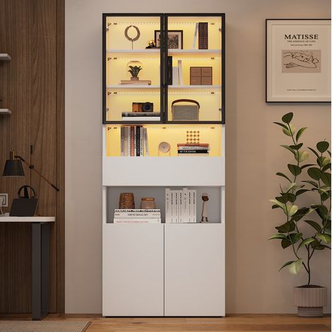 Vitrina 70x30x200 cm blanca en tablero de partículas y vidrio con LED, puertas de aluminio y almacenamiento múltiple (1/5)