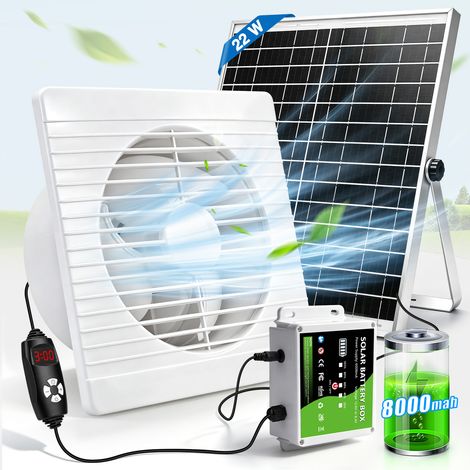 200mm 500m³/h Ventilateur D'Extraction Solaire avec Batterie 8000mAh 22W/36db Fonctionnement Jour et Nuit Vitesse Réglable Minuterie Écran Niveau Batterie Cable 4m IP44 Étanche Silencieux pour Poulail