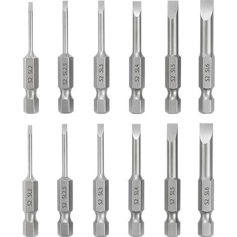 12 Embouts de Tournevis Magnétiques à Fente, Longueur 2 Pouces, Embouts de Tournevis à Tête Plate en Acier S2 avec Tige Hexagonale de 1/4 Pouce, SL2/2,5/3/4/5/6 (1/5)