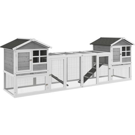 Gabbia per Conigli Conigliera 259x64x92 cm 2 Casette con Rampe Recintata in Legno Grigia (1/5)