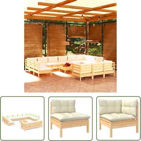 The Living Store 14-tlg. Garten-Lounge-Set mit Creme Kissen Kiefernholz - Gartensessel - Lounge Set - Gartenmöbel - Outdoor Möbel - Kiefernholz (1/5)