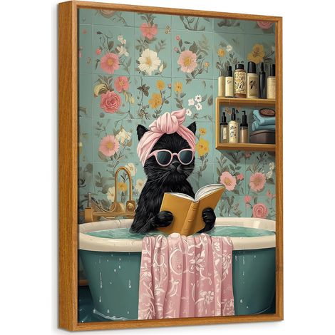Drôle de Chat Noir Tableau Encadrée Poster Mural Chat Noir Mignon se Baignant Peinture Impression sur Toile Image Affiche Tableau Decoration Murale Chambre d'enfant Salle de Bain Toilettes WC 30x40cm (1/5)
