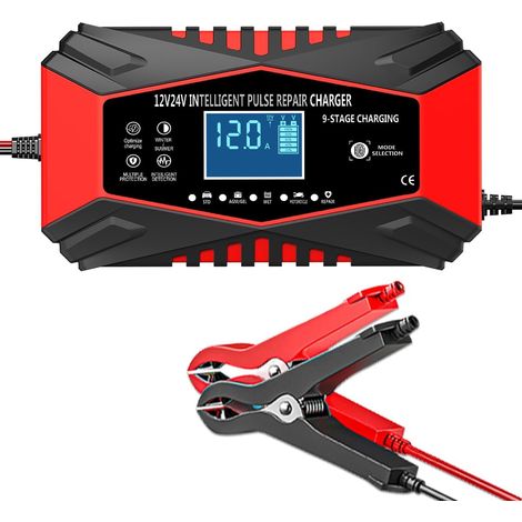 Chargeur de batterie de voiture 12 A, chargeur de maintien de charge intelligent et entièrement automatique 12 V et 24 V avec compensation de température (rouge) (1/5)