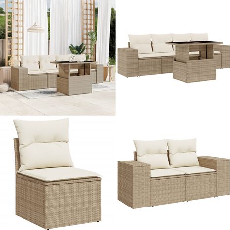 Salon de jardin avec coussins 5 pcs beige résine tressée - Ensemble Salon De Jardin - Meuble Extérieur - Jardin Design - Mobilier De Jardin - Chaise Longue - Home & Living (1/5)
