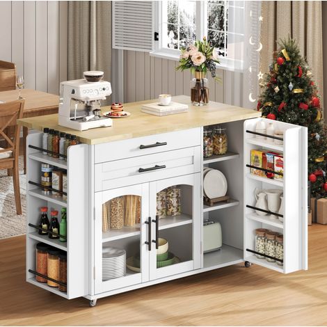 Isla de cocina 120x45x90 cm natural y blanco en MDF con encimera abatible y ruedas con freno (1/5)