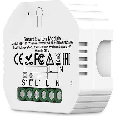 Relè Passo Passo Interruttore WiFi 2.4G + BLE + RF 433MHz, 3 in 1, 10A Bluetooth BLE Mesh, TUYA, Compatibile Smart Life, 2200W, AC 90-250V 50/60Hz, 53x48x18mm IP20 SH104